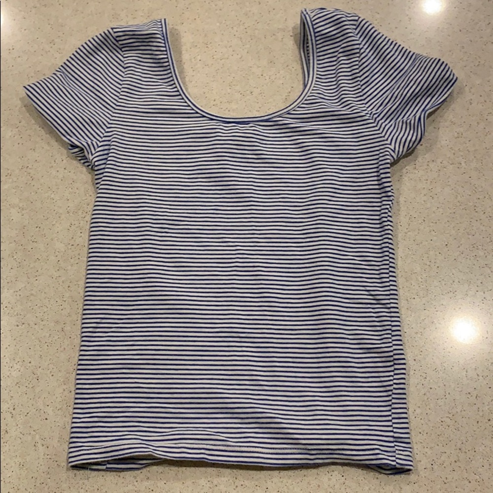 blue and white striped scoop neck tee